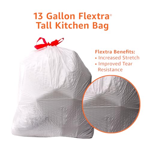 Amazon Basics 13 Gallon Tall Kitchen Drawstring Trash Bags 50 Count - Flextra Tear-Resistant, Recycled Material
