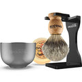Anbbas Pure Badger Hair Shaving Brush Solid Manchurian Ash Wood Handle,Black Broken-Resistant Acrylic Shaving Stand,Stainless Steel Shaving Bowl Dia 3.2 inch and Goat Milk Soap 100g 4IN1 Set for Men