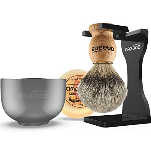 Anbbas Pure Badger Hair Shaving Brush Solid Manchurian Ash Wood Handle,Black Broken-Resistant Acrylic Shaving Stand,Stainless Steel Shaving Bowl Dia 3.2 inch and Goat Milk Soap 100g 4IN1 Set for Men