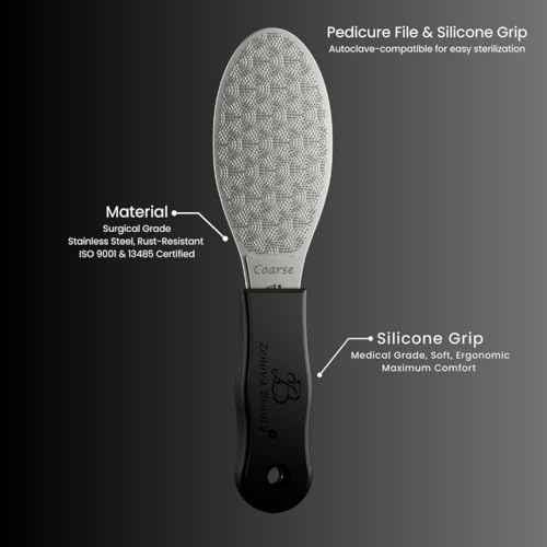 Stainless Steel Foot File with Silicone Grip ? Professional Pedicure & Callus Remover, Surgical-Grade Foot Scrubber for Dead Skin & Cracked Heels, Safe for Diabetics, Autoclavable, 2-Year Warranty
