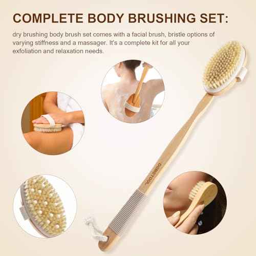 Dry Brushing Set - Natural Boar Bristle Body & Face Brush, Wooden Long Handle Scrub Brush for Cellulite & Lymphatic Drainage Body Care, Detachable, 3 Brush Heads