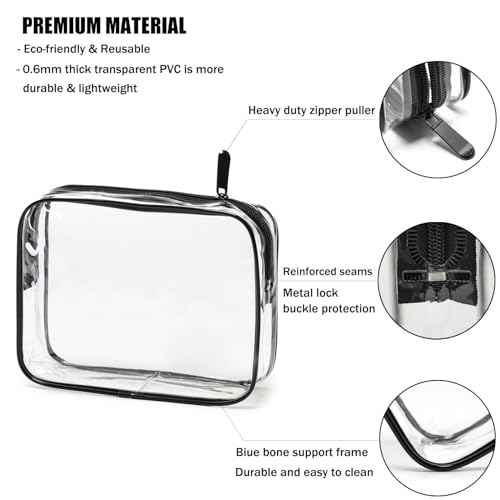 MODENGKONGJIAN TSA Approved Toiletry Bag, 3 Pcs Clear Toiletries Bags Quart Size Travel Makeup Cosmetic Bag for Women Men, Carry on Airport Airline Compliant Bag (Clear Black)