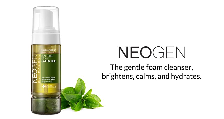 DERMALOGY by NEOGENLAB NEOGEN Real Fresh Foam Cleanser, Green Tea 5.6 Fl Oz (160g) - Soothing & Hydrating Gentle Cleansing Foam with Real Green Tea, Clean Beauty - Korean Skin Care