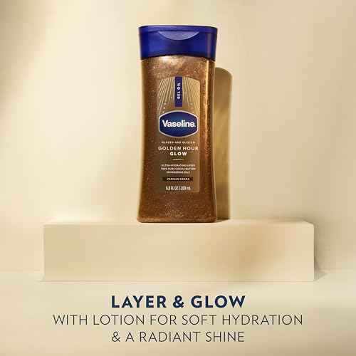 Vaseline Glazed and Glisten Golden Hour Body Gel Oil Glow Vanilla Cocoa Shimmering with Ultra-Hydrating Lipids and 100% Pure Cocoa Butter, 6.8 Oz