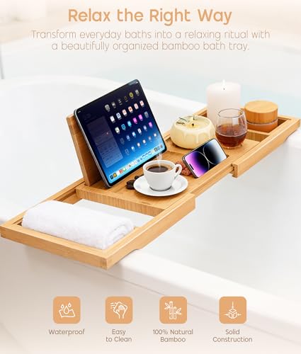 Expandable Bamboo Bathtub Tray Caddy with Wine Glass Holder