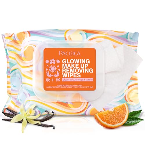 Pacifica Glowing Makeup Remover Wipes with Glycolic Acid - 30 Count, No Rinse Facial Cleansing Towelettes