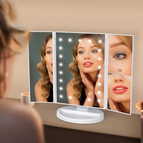 WEILY Makeup Vanity Mirror with 21 LED Lights and Touch Screen, Tri-Fold 1x 2X 3X Magnification,180¡Æ Adjustable Rotationand USB Powered,Countertop Cosmetic Makeup Mirror (White)