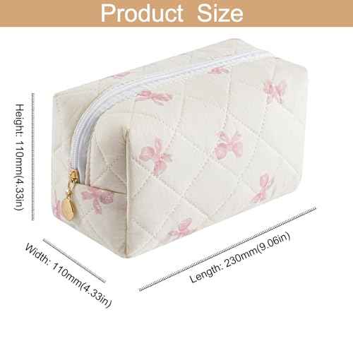 Cute Floral Cotton Makeup Bag, Quilted Makeup Bag for Women Girls, Travel Floral Cosmetic Bag Zipper Make Up Pouch, Flowers Toiletry Organizer Bag (Small Red Bowknot)