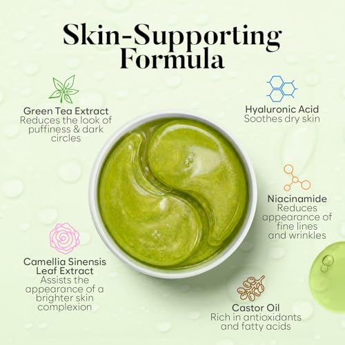 Green Tea Under Eye Patches (30 Pairs), Cooling Eye Mask for Puffy Eyes & Dark Circles, Soothing & Hydrating Gel Pads, Revitalizing Under Eye Care & Skincare Gifts for Women