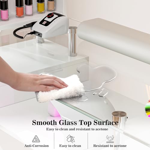 Paddie Manicure Table with Glass Top, Acetone Resistant Nail Desk