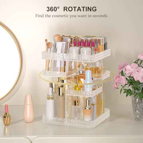 Rotating Makeup Organizer with Makeup Brush Holder, Large Capacity Perfume Organizer for Vanity Countertop, Acrylic Skincare Organizers Spinning Holder Storage Rack (Clear)