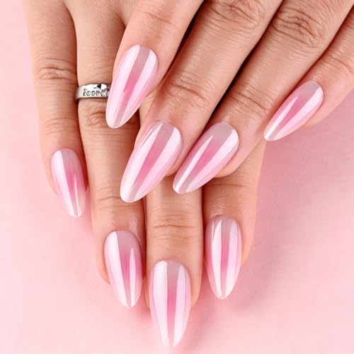 evpct Baby Pink Glazed Almond Short Press-On Nails with Ombre Design