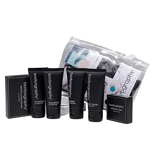 Bodyography Toiletry Kit - 6 Piece Set Shampoo, Conditioner, Body Wash, Lotion, Hand Soap, Massage Bar, Clear Travel Bag