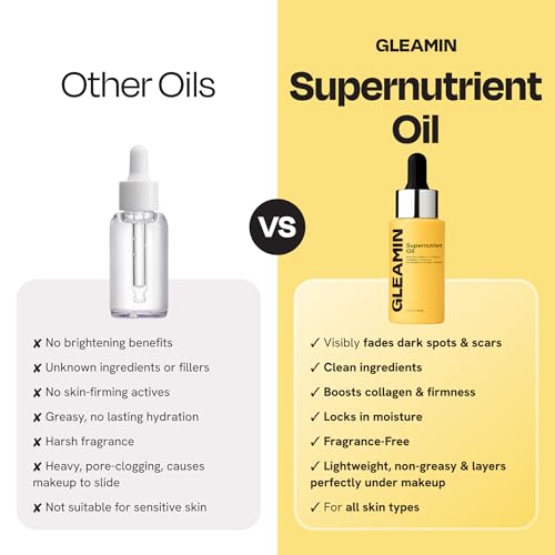 Gleamin Supernutrient Facial Oil - 3% Vitamin C with Jojoba Oil, Cloudberry & Turmeric for Hydration, Firm Look & Even Tone - Lightweight, Fragrance-Free, Skin Care for Women and Men - 1 Fl Oz