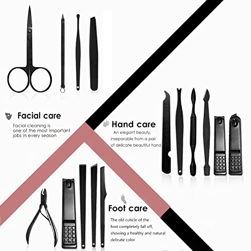 Manicure Pedicure Set Nail Clippers Travel Hygiene Kit Stainless Steel Nail Cutter Care Set Scissor Tweezer Knife Ear Pick Grooming Kits with Leather Case (Black Plating Red Liner)