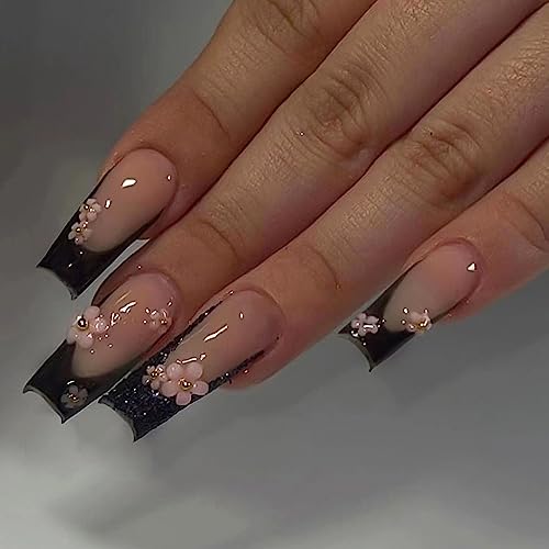 Coffin Press on Nails Long Fake Nails French Tip False Nails with Flower and Glitter Designs Acrylic Nails Black Stick on Nails Full Cover Glossy Artificial Nails for Women - 24 Pcs