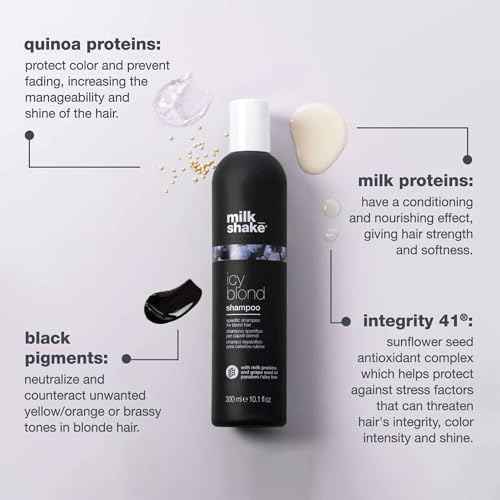 milk_shake icy blond shampoo award winning shampoo with black pigment to cool brassy tones and enhance platinum blonde hair ideal for maintaining icy, ash-toned color