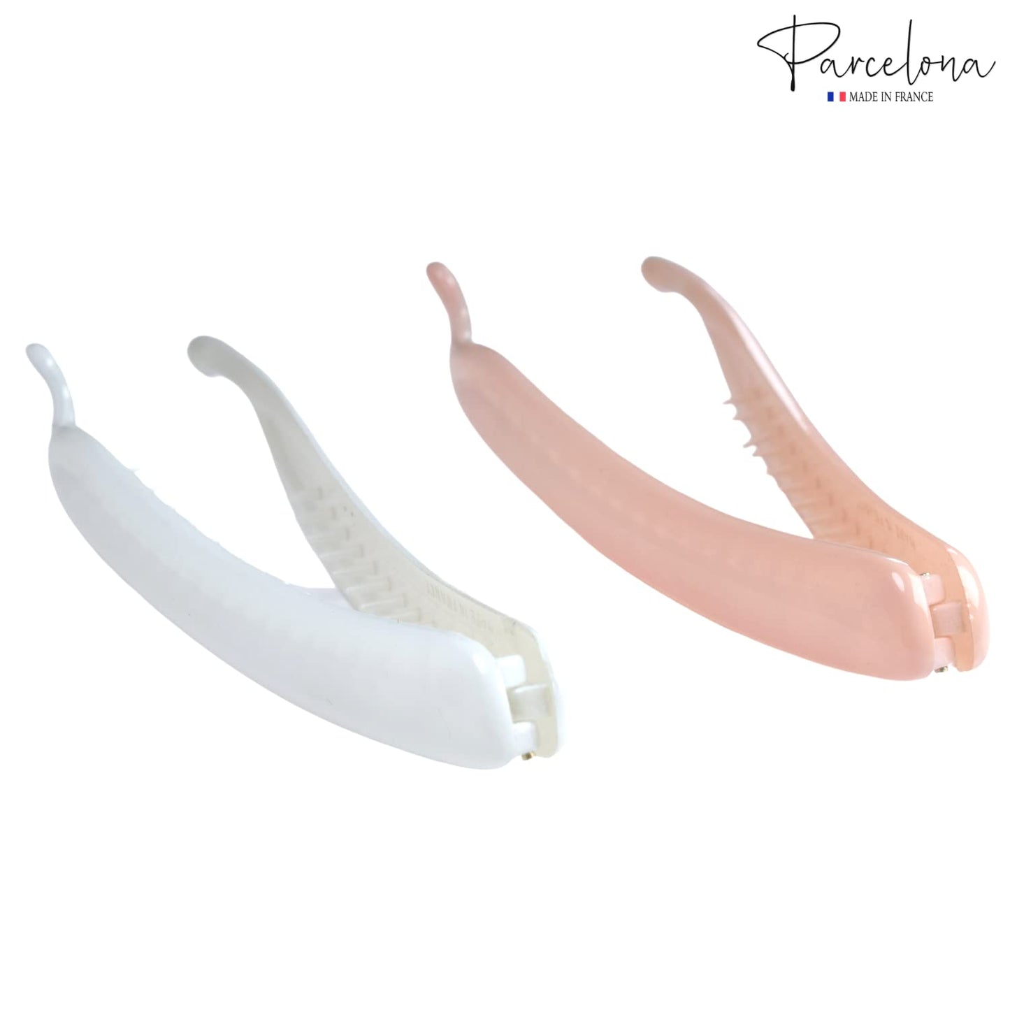 Parcelona French Small 3 ¾” Celluloid Set of 2 French Banana Hair Clip Flexible Ponytail Holder Fashion Durable Styling Women Hair Accessories, Made in France (Blush Pink-White)