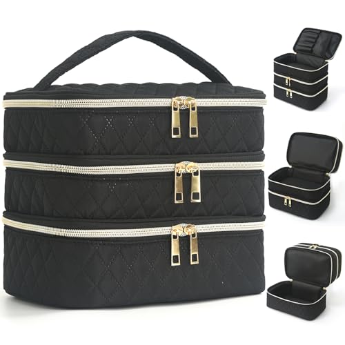 Travel Makeup Bag for Women Three Layer Large Cosmetic Case Water-resistant Toiletry Bag Organizer for Store Toiletries Cosmetic Accessories and Manicure Sets Black