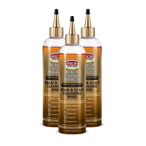African Pride Black Castor Miracle Braid & Scalp Cleansing Rinse - Removes Build Up & Soothes Scalp, No Frizz, Contains Black Castor Oil, Micellar Water, Coconut Oil, Peppermint Oil, 12 oz (3 Pack)