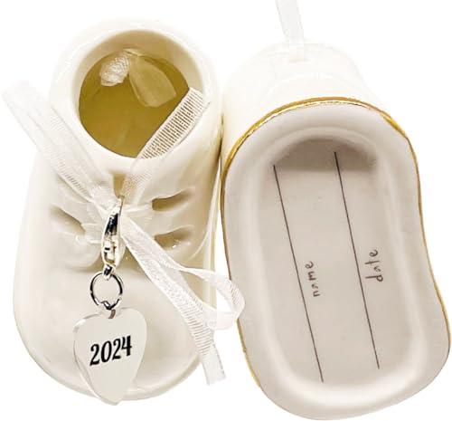 2024 Baby Shoe Christmas Ornament - White Personalized Baby Booties Ornament - Baby Shoe Ornament - Baby First Christmas, Birth, Baby Shower, Birthday, New Parents Gift Baby Girl and Boy