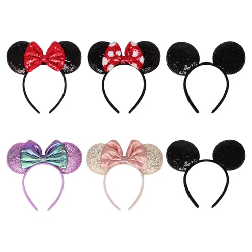6 Pack Sequin Mouse Ears Headbands for Cosplay & Parties