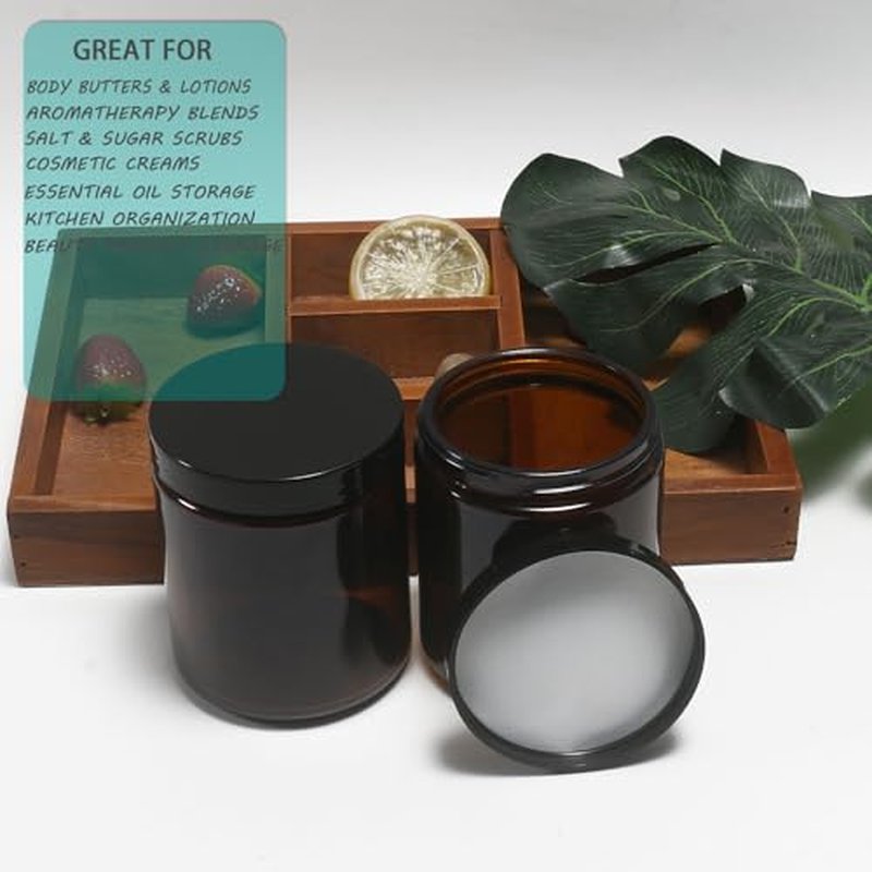 8oz Amber Glass Jars with Lids (2-Pack) - Cosmetic Storage
