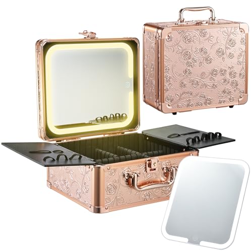 Makeup Case with Magnetic Lighted Mirror & LED Light - Rose Gold