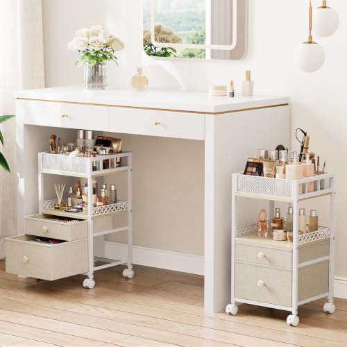 Plaviya White Makeup Organizer Cart for Under Desk Storage, 2 Shelves & Adjustable Dividers