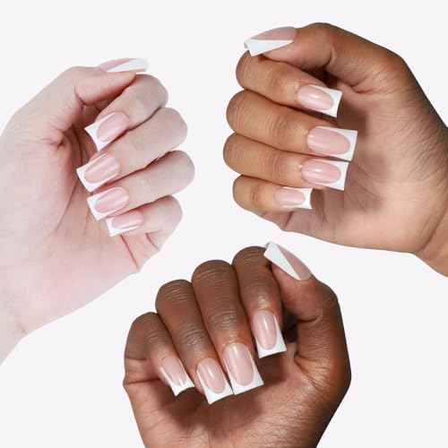 Anyos 16 Sizes French Tip Short Duck Press on Nails,Soft Gel Fake Nails Glossy 32pcs with Nail Glue (Classic French)