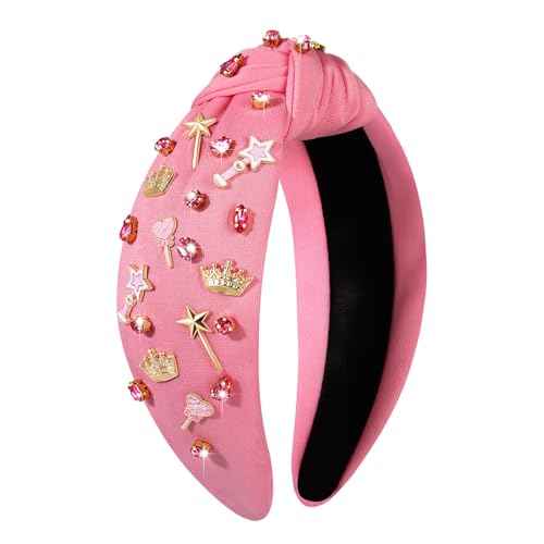 Pink Witch Headbands for Women Girls Princess Crown Wand Knotted Headband for Glinda Fans Witch Birthday Halloween Party Favors Hair Accessories