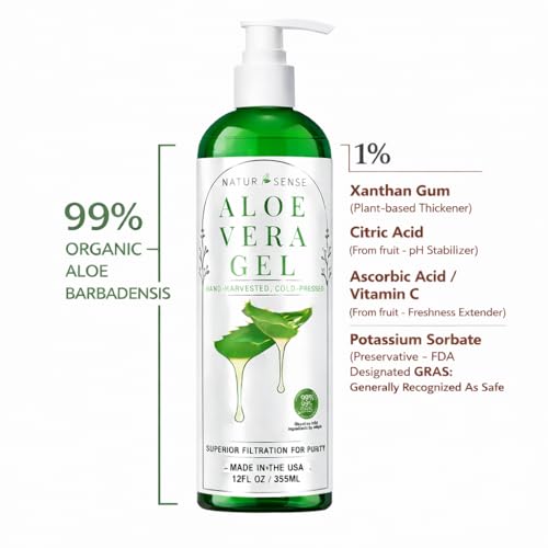 NTRSNS NaturSense 99% Organic Aloe Vera Gel. Deep Hydration, Effective Moisturizing. For Hair, Scalp, Face, Dry Winter Skin, Acne, Sunburn, Sensitive Skin, Shaving. Unscented, 12 oz.