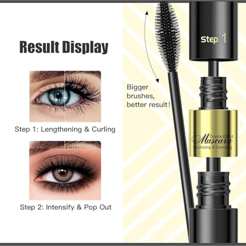 Telescopic Tubing Mascara, 2 in 1 Vibely Long-Lasting Waterproof & Smudge-Proof 4D Silk Fiber, Volume and Length Black No Flaking and No Clumping (Pack of 1)