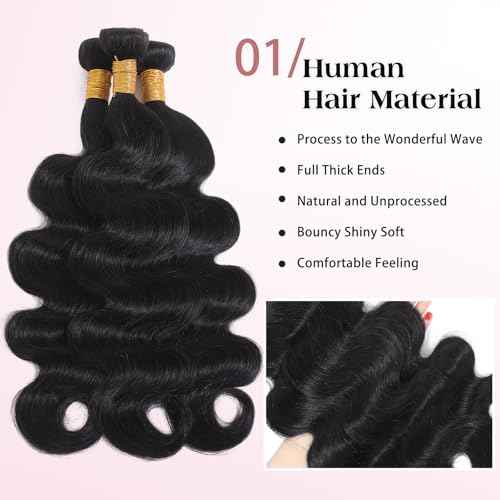Body Wave Bundles Human Hair 18 20 22 Inch 100% Unprocessed Brazilian Virgin Human Hair Extensions 3 Bundles For Black Women Natural Black