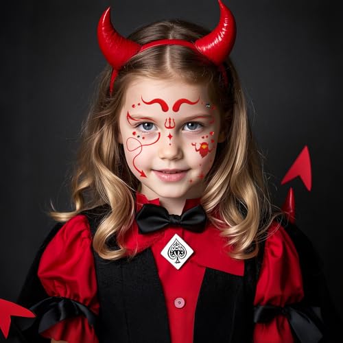 Red Devil Face Temporary Tattoos with Diamond Stickers - 4 Sheets