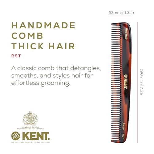 Kent R9T All Coarse Detangling Comb, Wide Teeth Dressing Table Comb for Thick Curly Wavy Hair. Detangler Combs for Grooming Styling Hair, Beard and Mustache. Saw-Cut. Handmade in England
