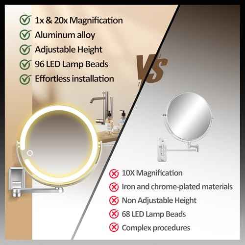 Wall Mounted Makeup Mirror, Magnifying Mirror with Light 20X/1X Double-Sided, Height Adjustable, 3 Lighted Modes, Aluminum Alloy Small Wall Mirror, Moisture & Corrosion Resistant Bathroom Use