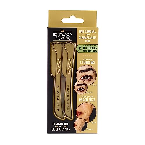 Hollywood Browzer Hair Removal and Dermaplaner Duo - Peach Fuzz and Eyebrow Razor for Women - Eyebrow Grooming Kit - Gold - 2 pc