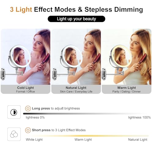 Wall Mounted Lighted Makeup Mirror - 9" Dual-Sided 1X/10X Magnification