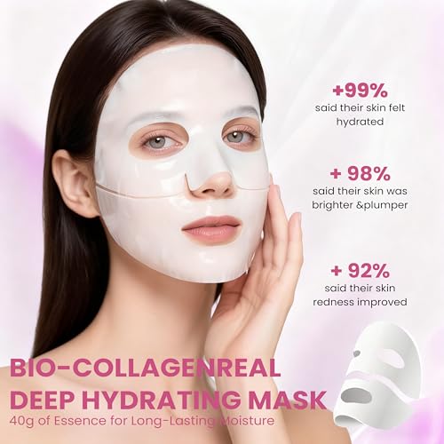 Collagen Glow Up Mask 2.0, Bio Collagen Face Mask for Firming Skin, Deep Hydration, Wrinkle & Pore Reduction(4 Count (Pack of 1))