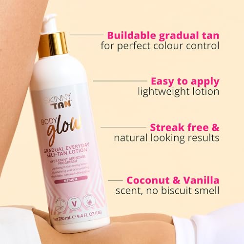 Skinny Tan Body Glow Gradual Tan Lotion - Lightweight, Fast-Absorbing Formula - Coconut and Vanilla Scent - Enriched with Aloe Vera and Guarana - Natural, Streak Free Gold Color - Medium - 9.4 oz