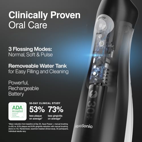 Aquasonic Black Water Flosser with 5 Tips, ADA Accepted, Cordless & Waterproof