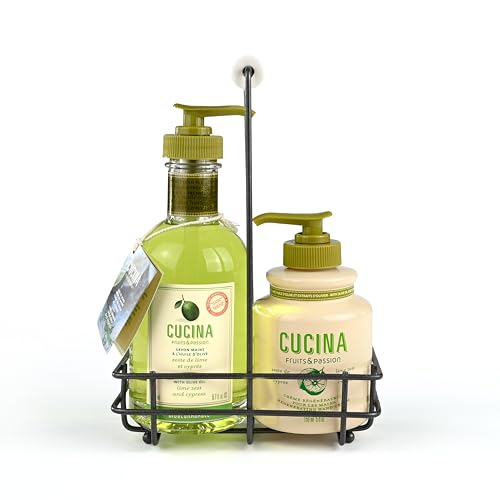 Fruits & Passion Cucina Hand Care Duo Gift Set ? Lime Zest & Cypress, Hand Soap and Regenerating Hand Cream with Cold-Pressed Olive Oil,Includes Metal Holder, 6.7 fl oz + 5.0 fl oz