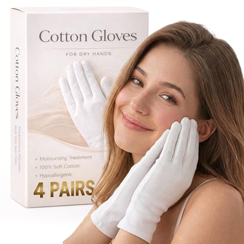 White Cotton Moisturizing Gloves for Dry Hands Sleeping (4 Pairs, Large)