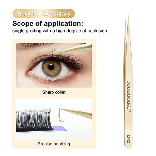 NAGARAKU Tweezers for Eyelash Extensions Straight and Curved Precision Professional Volume Easy Fanning lash Precise Point 1 Pair (M-01 and M-02)