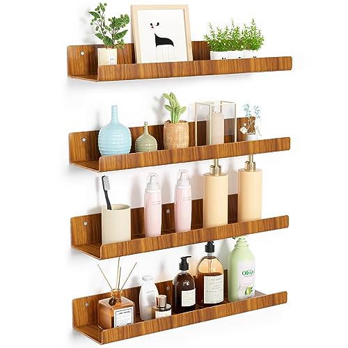 upsimples 4 Pack Acrylic Shelves for Wall Storage, 15" Floating Bookshelves for Kids, Display Shelf Organizer for Bathroom, Bedroom, Living Room, Kitchen, Room Decor, Wood Grain