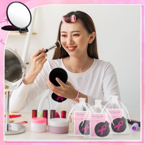 Geetery 72 Pcs Breast Cancer Awareness Gifts Set for Women Compact Folding Mirrors, Pink Ribbon Bracelets, Organza Bags for Breast Cancer Charity Event Survivor Campaign Party Accessories(Black Pink)