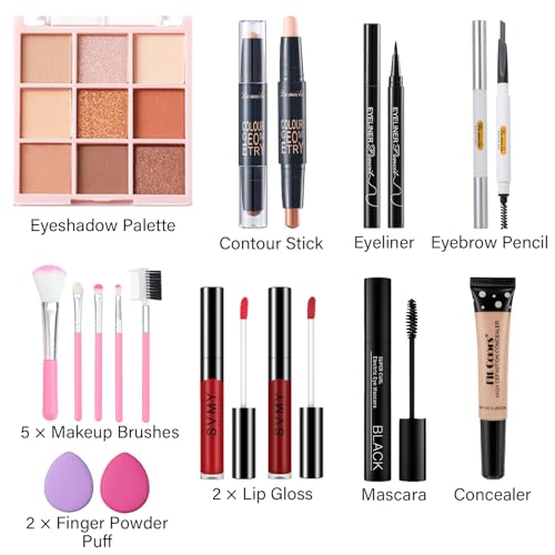 Complete Makeup Set with 9 Colors Eyeshadow, Lip Gloss & Brushes