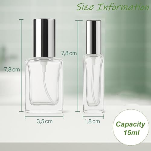 8Packs 15ml Clear Empty Perfume Bottle with Silver Caps Glass Fine Mist Atomizer Spray Bottles Refillable Mini Fragrance Glass Bottles for Cleaning, Essential Oil, Liquid