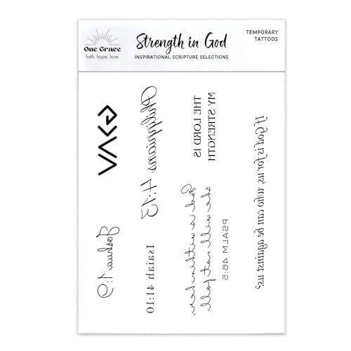 One Grace Strength in God Christian Temporary Tattoos - Inspirational Scriptures Selections - Christian Motivational Bible Verse Words and Cross Tattoos